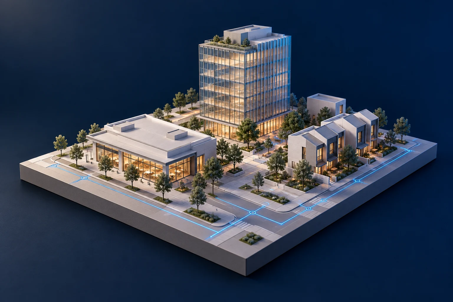 Architectural concept model connecting a commercial property, offices, and homes through a shared digital foundation