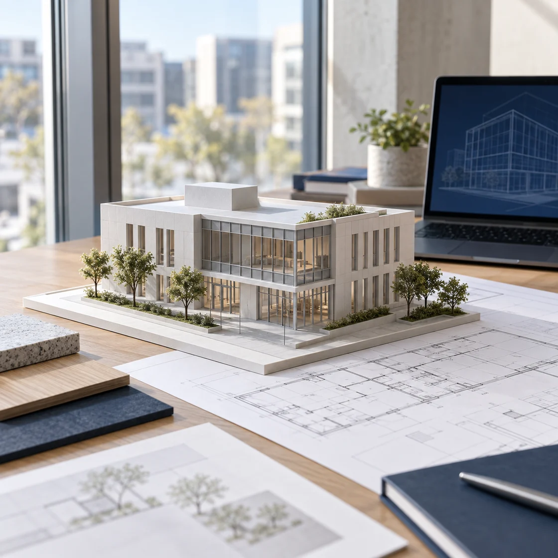 Architectural concept showing a building model and property plans beside a laptop with a digital building design